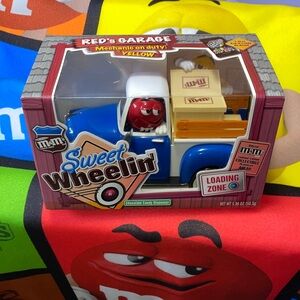 M&M's Sweet Wheelin' Red and Blue Chocolate Candy Dispenser with M&M throw